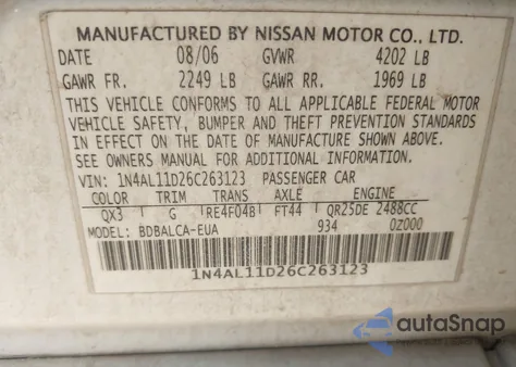 2006 Nissan Altima 2.5 S z USA, uszkodzony, nr VIN 1N4AL11D26C263123